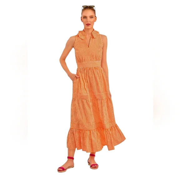 NWOT GRETCHEN SCOTT DESIGNS Hope Melon Striped Tiered Ruffled Sleeveless Dress